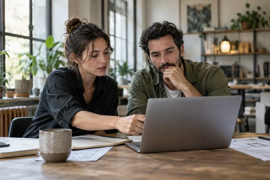 Two collaborators reviewing a workflow together