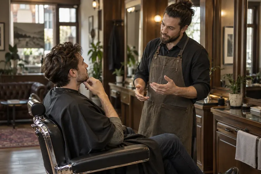 A barber talking with a client before a haircut