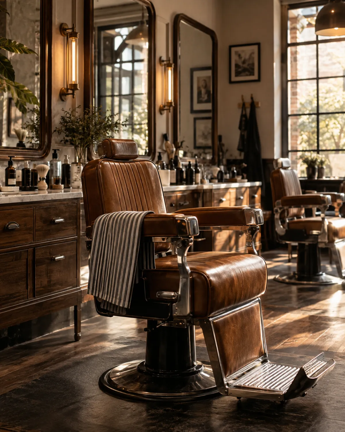 A leather barber chair in a sunlit barbershop