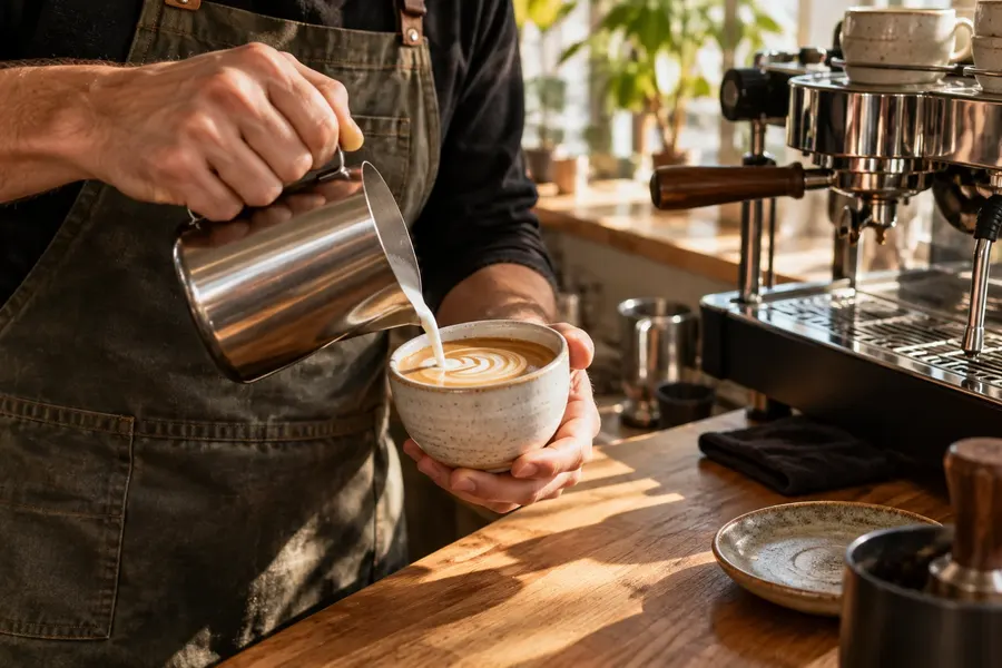Baristka wlewa mleko do filiżanki z espresso
