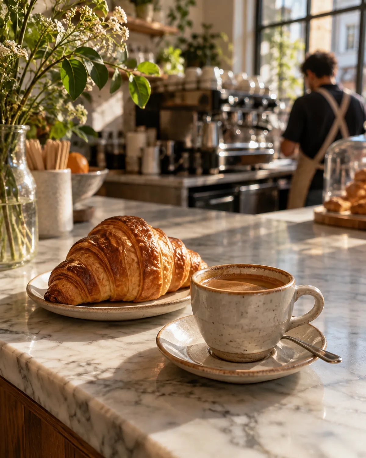 A croissant and a cup of coffee on a marble café counter