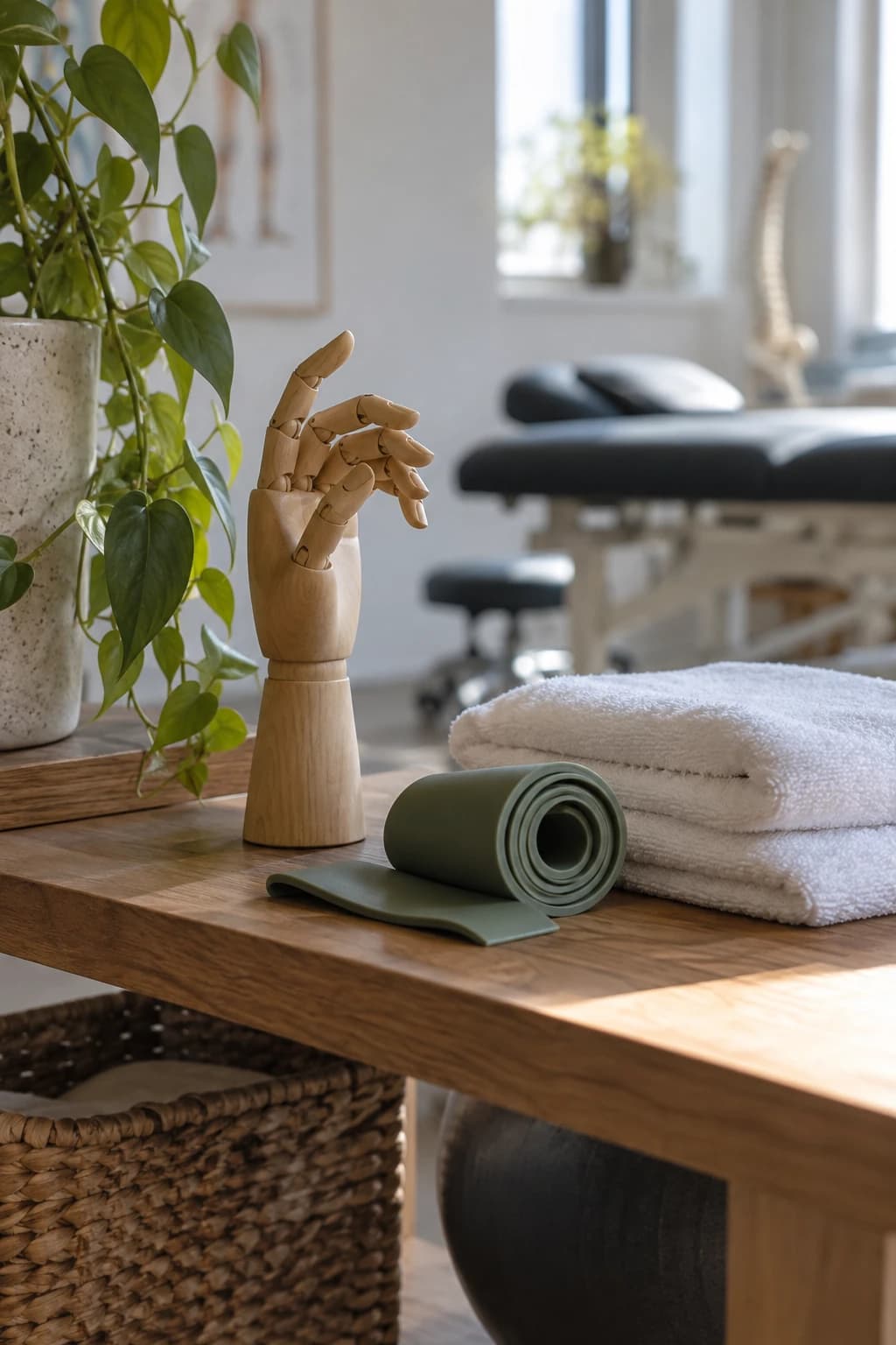 A resistance band, folded towels and a wooden hand model on a bench
