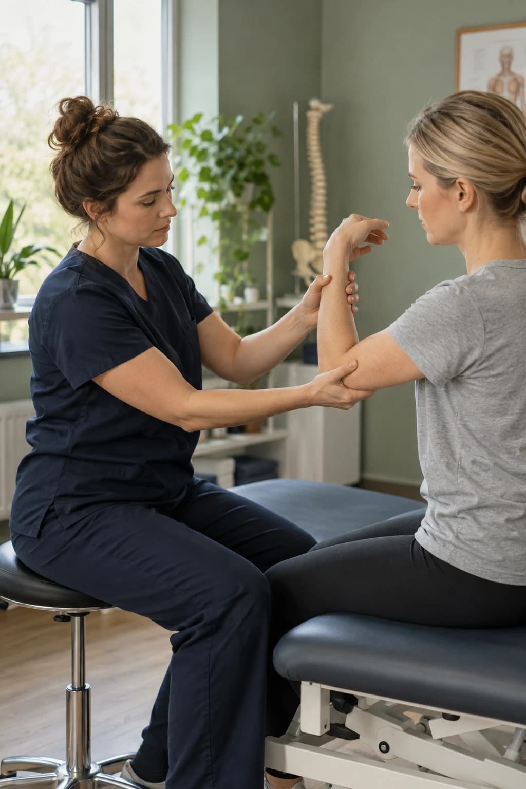 A physiotherapist checking how a patient moves her arm in a treatment room