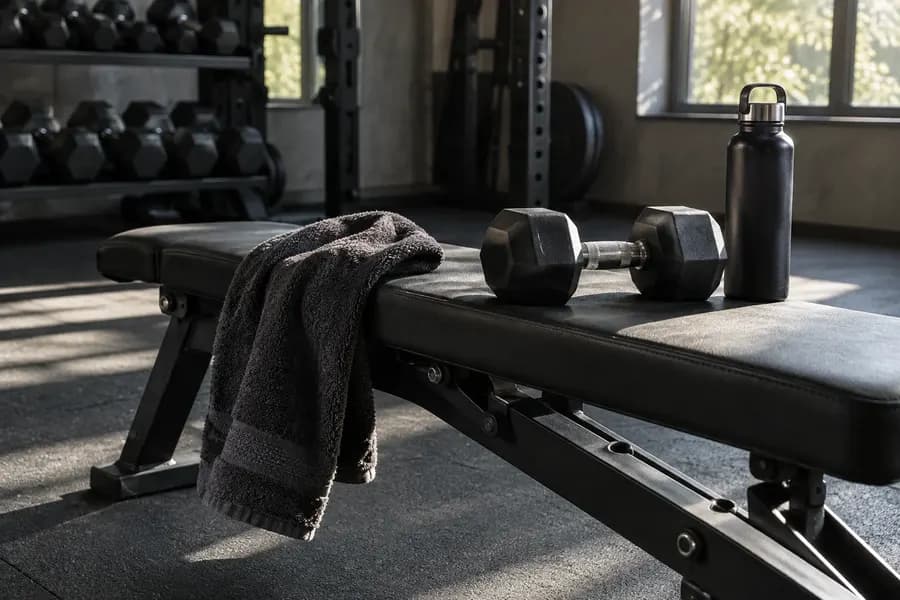 A gym bench, dumbbell, towel and water bottle