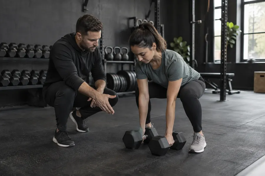 A coach helping a newcomer get started with dumbbells