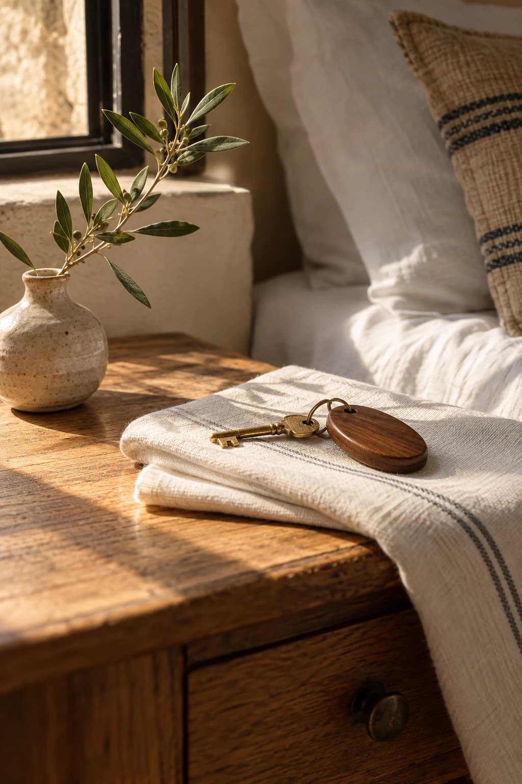 A brass room key with a wooden fob on a folded towel