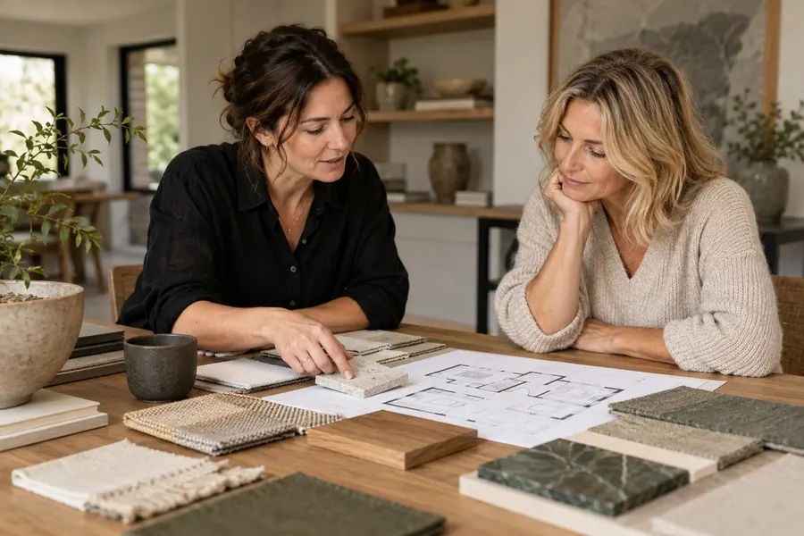 A designer and client discussing materials and a floor plan
