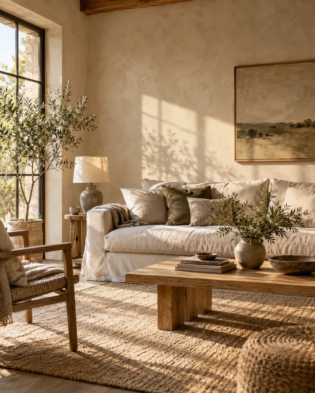 A sunlit living room with a linen sofa, a wooden coffee table and an olive tree