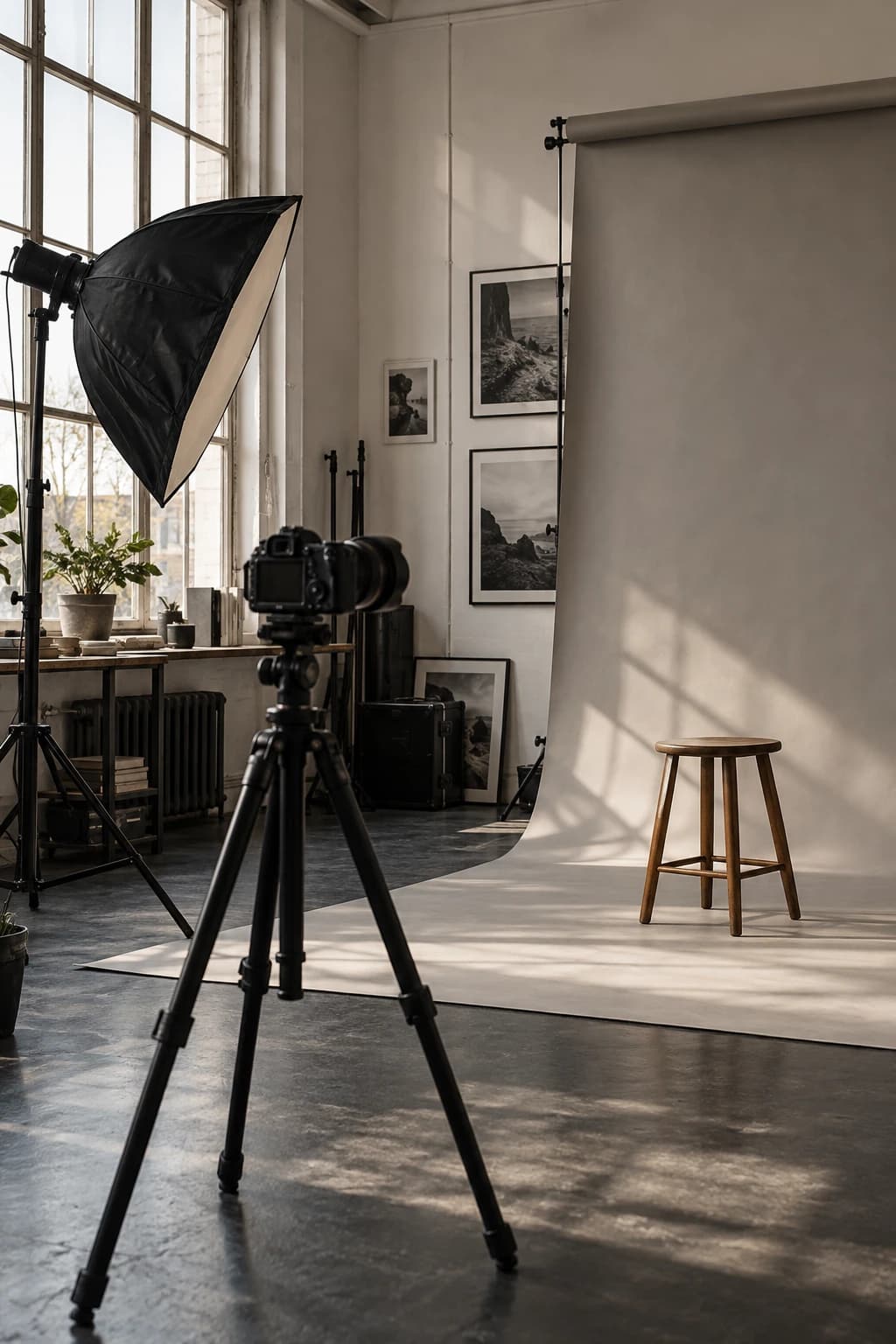 Studio fotograficzne ze światłem dziennym: aparat na statywie, softbox i papierowe tło