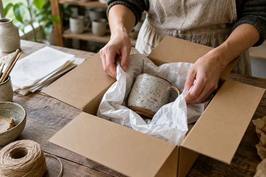 A handmade ceramic mug being wrapped for delivery