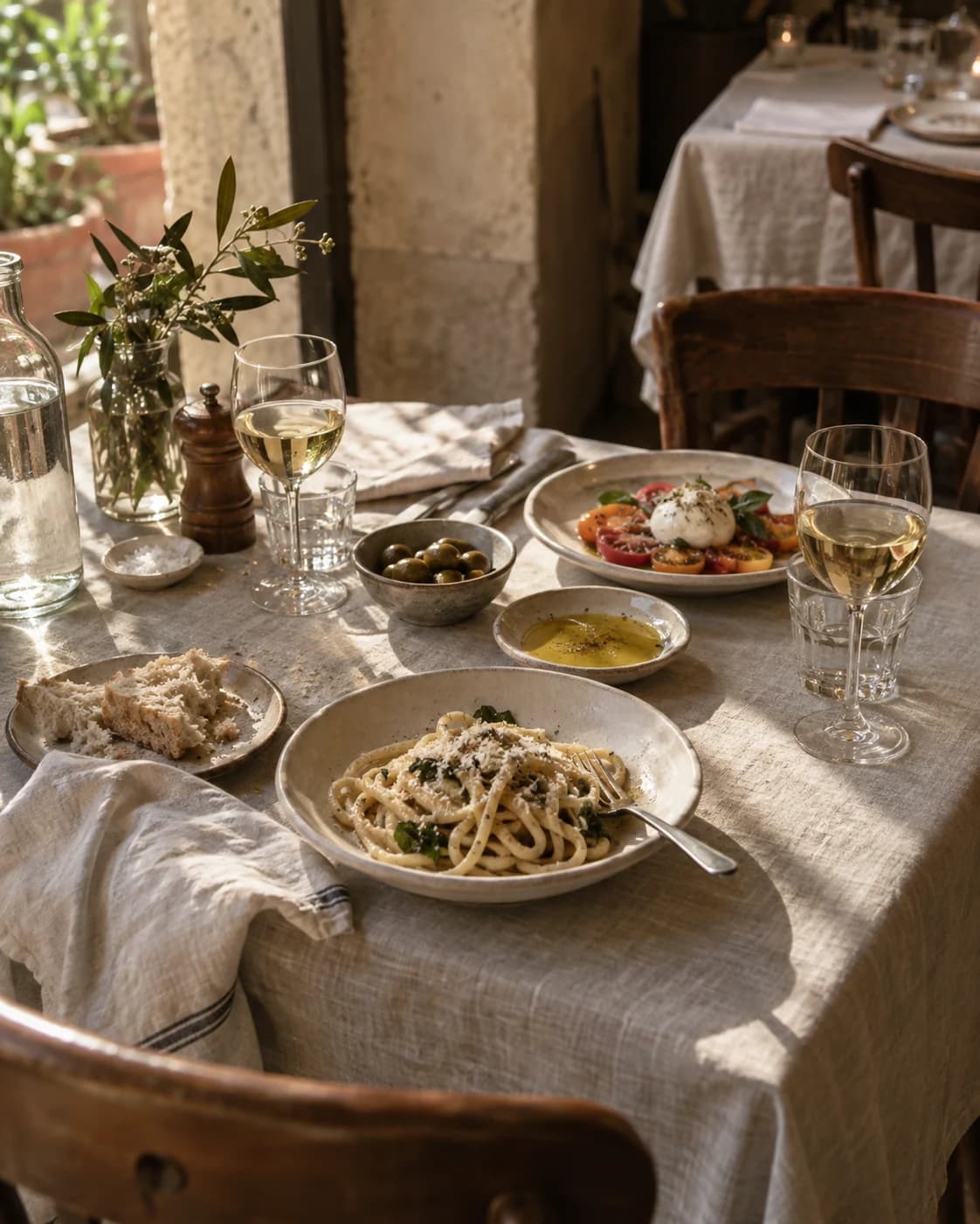 A Sunday lunch table with pasta, bread, olives and white wine